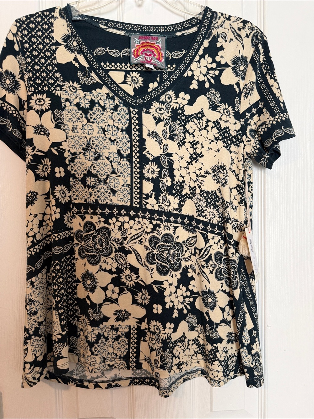 Johnny Was Black and Cream Floral Patchwork V-Neck Tee